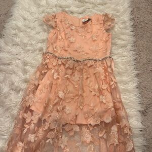 Peach formal dress with sheer overlay and rhinestones, size 14 youth